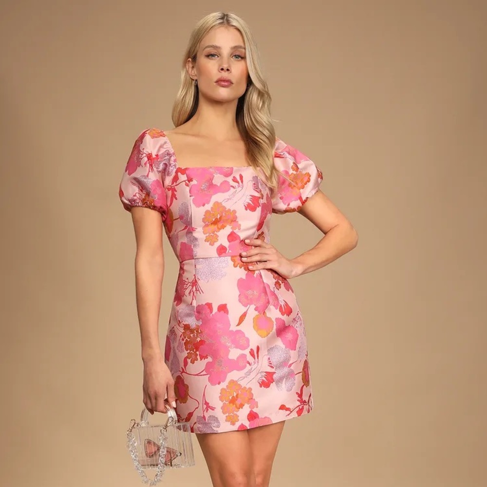 So Stunning Orange Multi Floral Jacquard Puff Sleeve Mini Dress